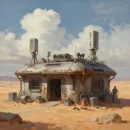 a beautiful painting of a dystopian sci - fi safehouse in a salty desert landscape by greg rutkowski, marc simonetti, sergey vasnev, transmitters on roof, electrical appendages, rusty metal, cinematic composition, concept art, cumulus clouds, artstation, highly detailed