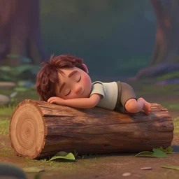 anthropomorphic wooden log sleeping, pixar style