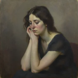 a woman in somber contemplation. oil on canvas.
