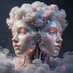 symmetry!!! face only photographic portrait of a person made of fluffy iridescent clouds, cybernetic components