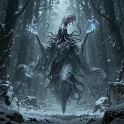 concept designs for an ethereal wraith like figure with a squid like parasite latched onto its head and long tentacle arms that flow lazily but gracefully at its sides like a cloak while it floats around a forgotten kingdom in the snow searching for lost souls and that hides amongst the shadows in the trees, this character has hydrokinesis and electrokinesis for the resident evil game franchise with inspiration from the franchise Bloodborne and the mind flayer from stranger things on netflix