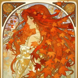 girl with super long hair, hair becoming autumn red leaves, art by artgerm and alphonse mucha