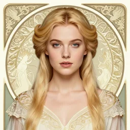 front facing symmetrical centered portrait, Imogen Poots as a Paladin, blonde hair, Art Nouveau, beautiful retro Fantasy heroine 1985, intricate, elegant, highly detailed, centered, digital painting, trending on artstation, concept art, smooth, sharp focus, illustration, art by raphael lacoste, eddie mendoza, Mucha, alex ross, WLOP