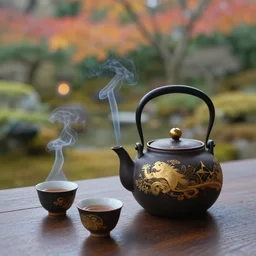 garden, geisha, old traditional japanese tea pot, two smoky cup of tea on a wood table, smoky autumn lightings, japanese garden background, micro details, ( ( ( intricate ) gold details ) ), photorealism, crisp, hasselblad camera, by annie leibovitz