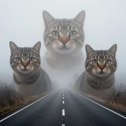 An extreme long shot photo of a foggy deserted road, giant cats with huge eyes emerging from the fog, megalophobia, 1120mm lens