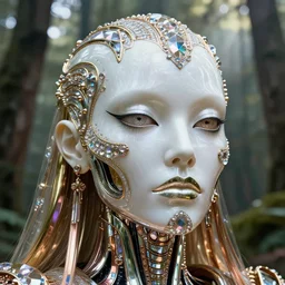beauteous practical sumptuous full face elegant, white pearlescent, chrome, iridescent titanium biomechanical, deadmau 5, crystal, gold, copper, bronze, crystalline masterpiece incrustations, hyperdetailed metalwork by h. r. giger movie still, intricate, octane render, cinematic forest lighting, unreal engine, crepuscular rays, god rays