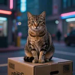 photography of a Cat sitting on a box.  in a cyberpunk street, award winning photo, colors, 100mm, sharp, high res