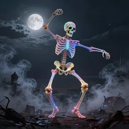 a very large and scary skeleton with very soft and luminous colors dances in an apocalyptic landscape with steamer and smoke under the moon in twilight, darkart, hyperdetailed, hyperealistic, cinematography, 8k, Artstation, Deviantart, very beautiful