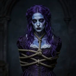 dark portrait, death ultra violet head woman in medieval dress, strangled with rope, bluish face, victorian style, high detail