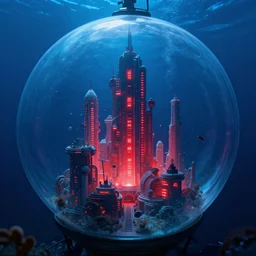 underwater metropolis in a glass bubble, volumetric lighting, deep sea, nlue and red light, scifi, artstation, futuristic, artstation, chris foss, raphael lacoste, andreas rocha, john harris