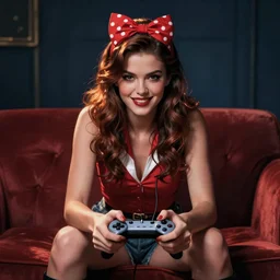 a pin up woman playing a videogame, front view, digital art, photoshop, dark lighting, couch, control, artstation