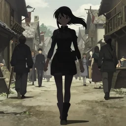 anime visual, portrait of a young female walking through a busy medieval village, face by yoh yoshinari, murata range, last exile, blue submarine no 6, dynamic pose, muted colors, dynamic perspective, detailed silhouette, cel shaded anime