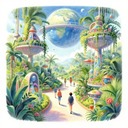 A beautiful illustration of a retro futurism hanging garden full of people walking the pathways on another world by Daniel merriam | sparth:.2 | Time white:.3 | Rodney Matthews:.3 | Graphic Novel, Visual Novel, Colored Pencil, Comic Book:.2 | unreal engine:.3