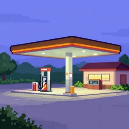 Pixel art of a rural gas station at dusk, in the style of 1981 Video Games, 4bit, CGA, 16 colors, high contrast