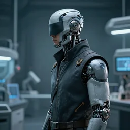 a masked laboratory technician man with cybernetic enhancements seen from a distance, scifi character portrait by greg rutkowski, craig mullins, halfbody portrait, cinematic lighting, dystopian scifi outfit, profile picture, mechanical, cyborg, half robot