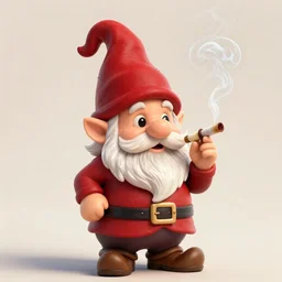 a gnome wearing a red pointy hat and smoking a joint
