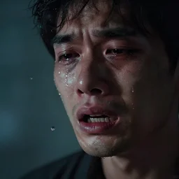 “ a body horror man crying shown in the reflection of a drop of water, dramatic lighting, incredible quality, macro bokeh ”