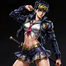 portrait of a beautiful! alluring anime woman wearing a 2 0 3 0's stained dirty torn japanese school uniform, gorgeous face, leather bomber jacket, katana scabbard, bo staff, realistic, hyper detailed, dynamic action poses, concept art, jojo's bizarre adventure, in style of hirohiko araki, chiaroscuro, anime aesthetic