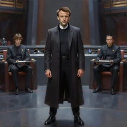 painting of Emmanuel Macron dressed as Arcann in Star Wars inside the galactic senate, sharp focus, full body, trending on ArtStation, masterpiece, by Greg Rutkowski, by Ross Tran, by Fenghua Zhong, octane, clear eyes, soft render, clear facial features, oil on canvas, moody lighting, cinematic, professional environment concept art