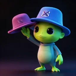 an octane rendering of a cute alien choosing a hat to wear, on a black background., cinematic, dramatic, color grading, photojournalism, colorful, highly detailed