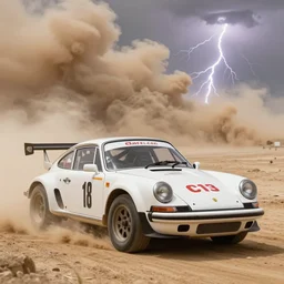 a 70's porche rally car racing in front of a dust storm, a haboob is in the background with lightning bolts striking the dubai desert dunes. sun shines down on the car, there is a magical ambiance in the air