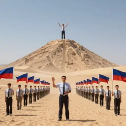 people with flags in two hands like airport worker standing in lines in the desert, one human on montain on front of the camera speaking, colossal scale, artstation