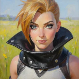 oil painting of tracer overwatch in a field wearing very large black leather collar around neck, in style of mark arian, expressive face, very detailed face, very detailed eyes, full body, feminine face, detailed makeup on eyes, tracer overwatch,
