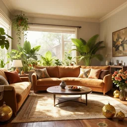 beautiful rendering of an interior scene, english retro living room with sunlight coming from the window, plants and roses as accents, gold glittering ornaments, trending on behance, by raphael lacoste and craig mullins, rule of thirds, 8 k resolution, unreal engine, rendered in maya, detailed, wide - angle lens, two - point perspective, light effect, overall color balance
