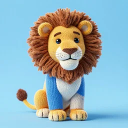 A photorealistic picture of a smiling knitted Mufasa lion wearing a blue beanie cap and sunglasses. The lion is at the beach during sunset. Trending on Artstation, featured on Behance, well-rendered, intricate, highly detailed, very crispy, Unreal Engine, 4K HD