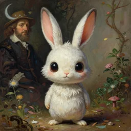 Robbie the Rabbit Silent Hill mascot character, digital painting, portrait, 4k wallpaper, intricate detailed brush strokes, masterpiece, cute, chibi, beautiful, gorgeous, stunning, meticulous composition, unique design, by Junji Ito, by Frank Frazetta, by Takashi Murakami, by Kentaro Miura, by Monet, by Rembrandt, by Michelangelo