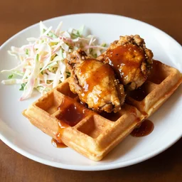 dslr food photograph of chicken and waffles drizzled with maple syrup and hot sauce with a side of cole slaw, 8 5 mm f 1. 8