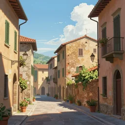 a street view of a italian rural city, artgerm, anime style, pixar and disney style, high quality, highly detailed, high coherence, path traced, beautiful, elegant, geometrically correct, realistic, digital painting, masterpiece, digital art, concept art