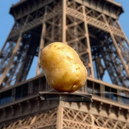 close up of a potato on the top of the eiffel tower. photographic, photography