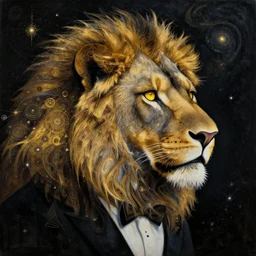 astral semi - profile lion head in a tuxedo of abstract surrealist forms by yvonne mcgillivray by mandy jurgens by michael divine, powerful eyes glowing highly detailed painting, spiritual abstract forms, trending on art station, abstract emotional, beautiful, fantasy digital art, highly detailed patterned visionary art, magic symbols, by michael divine, cosmic nebula, black gold color scheme
