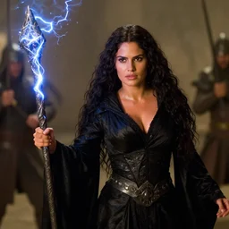 epic photo of salma hayek as beautiful medieval sorceress with very long black hair wearing a black satin robe and metal belt, battle scene, holding her wizard staff electricity emanating from it, sweaty, in the film flash excalibur 1 9 8 1, movie still, cinematography by david fincher