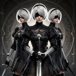 2 b from nier automata holding a sword 3 d render, insanely super detailed, realistic octane render, 1 6 k, detailed in front of an intricate background. art by james merry, micro detail, backlit lighting, trending on cgsociety