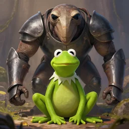 armored kermit the frog against giant colossus, trending on artstation
