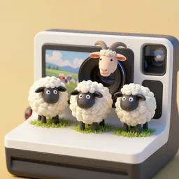 three cute human like sheeps + furry + goatman, landed on a polaroid camera, micro - landscape, comic paint, highly details, 4 k,