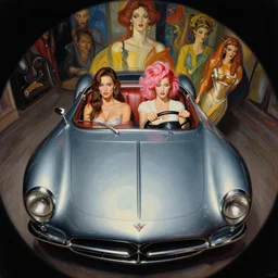 3 d fisheye, very low angle, painting showing jeffree star with pink red hair driving exaggerated 1 9 3 0 s car with woman driving, shiny, aerodynamic, dramatic lighting, sultry, sensual, vargas, wlop, manara, mucha, moebius, elvgren, joshua middleton, clay mann, artgerm