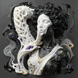 3 d pyro liquid simulation render, black ink, octane render, xparticles, abstract female bodies, intricate details, female face covered in white blanket, white carved abstract sculpture, amethyst mineral quartz, swirly curls, abstract white fluid, golden edges and fractals, wasili kandinski, artstation, render, cinema 4 d, art noveau fresco, liquid acrylic painting