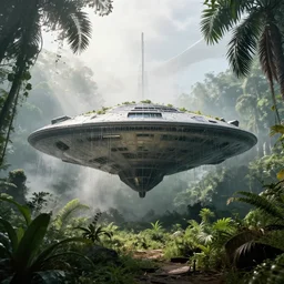 1 9 0 0 s photo overgrown zaha hadid marc newson spaceship high - tech symmetry godrays haze ruins in jungle dripping sunlight