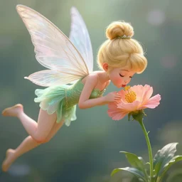 Tinkerbell kissing a flower, hyper realism, macro shot
