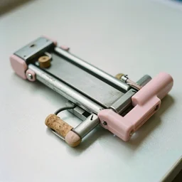 high fidelity film photographic anthropological study. iridescent hard surface, cork, rubber, user interface. worn chrome. pastel pink plastic casing. motorised sliders. three point light. soft focus