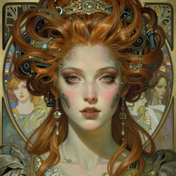 realistic detailed face portrait of a young beautiful alien baroque cyberpunk marie antoinette by alphonse mucha, ayami kojima, amano, greg hildebrandt, and mark brooks, female, feminine, art nouveau, rococo cyberpunk, neo - gothic, gothic, biotech hair, character concept design