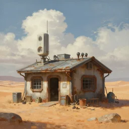 a beautiful painting of a small dystopian sci - fi safehouse in a salty desert landscape, transmitters on roof, electrical appendages, rusty metal, greg rutkowski, marc simonetti, sergey vasnev, cinematic, concept art, cumulus clouds, artstation, 8 k, high resolution
