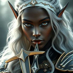 a fantast beauty detailed elf candice swanepoel with black skin, with a curved sword, platinum white wavy long hair, white headband in the front with diamonds, jewelry body armor in golden and silver colors, pointy ears, detailed, epic masterpiece of cinematographic hyperrealism, realistic shaded lighting poster by craig mallismo, artgerm, jeremy lipkin and michael garmash,