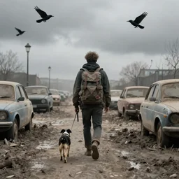 guy with bagpack and his dog walking in desolated paris, grey sky, muddy road, dusty cars, crows in the sky, hyperdetailed, artstation, cgsociety, 8 k