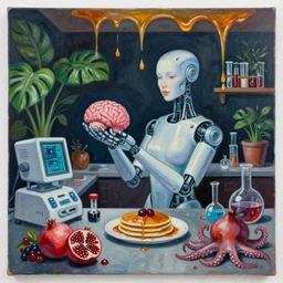 dark kitchen of an art student, feminine portrait of a female transhuman robot holding a brain, japanese pottery, digital medical equipment, tropical houseplants, test tubes, honey dripping from ceiling, berries dripping juice, pancakes, pomegranate, berries, octopus, scientific glassware, neo - expressionism, surrealism, acrylic and spray paint and oilstick on canvas
