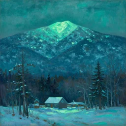 new hampshire, mountains, winter, night, luminous, teal palette, arkhip kuindzhi, glaze oil painting, christian mysticism