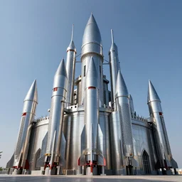 metal modern castle with rocket launchers, highly detailed, 4k, HDR, smooth, sharp focus, hyper realistic, high resolution